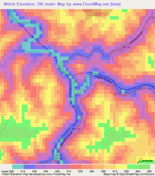 Welch,US Elevation Map