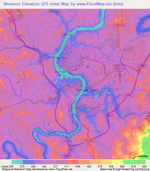 Westover,US Elevation Map