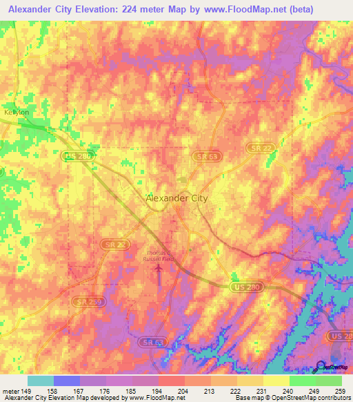 Alexander City,US Elevation Map