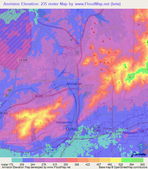 Anniston,US Elevation Map