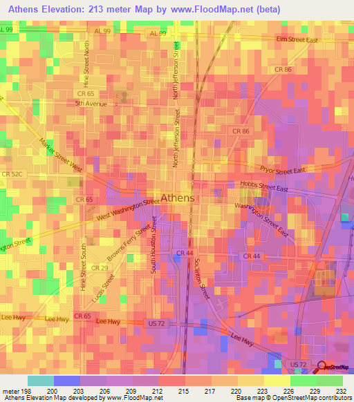 Athens,US Elevation Map