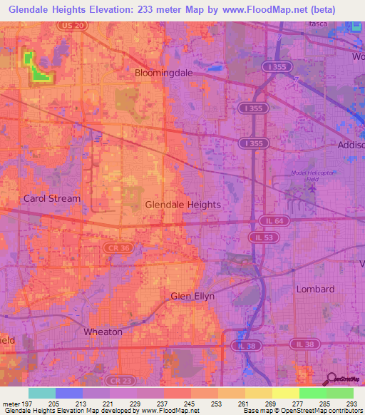 Glendale Heights,US Elevation Map