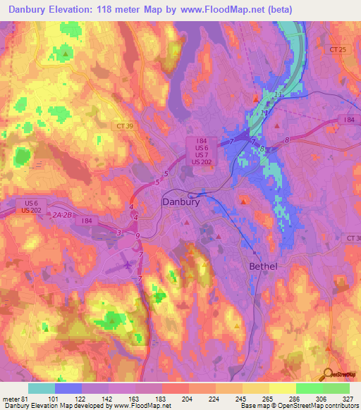 Danbury,US Elevation Map