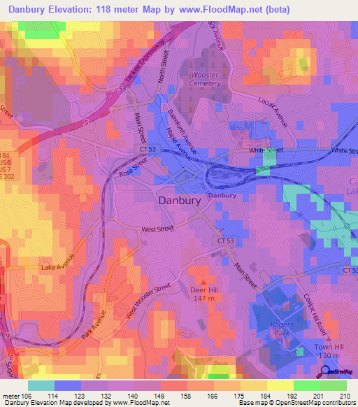 Danbury,US Elevation Map