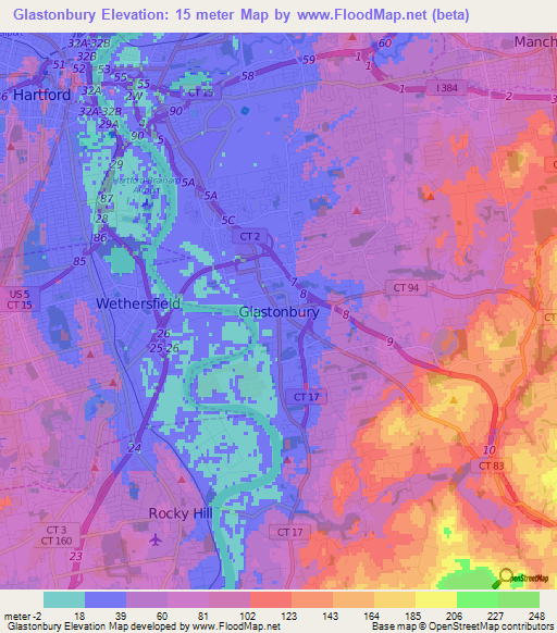 Glastonbury,US Elevation Map