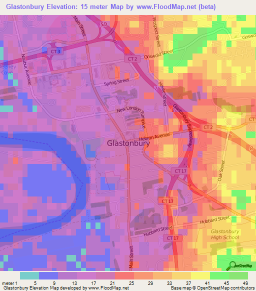 Glastonbury,US Elevation Map