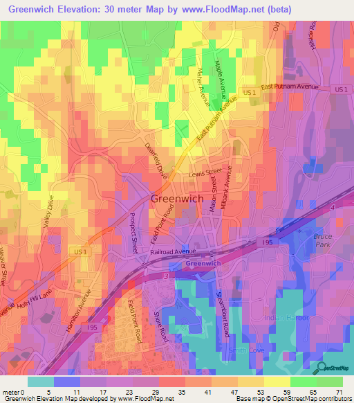 Greenwich,US Elevation Map