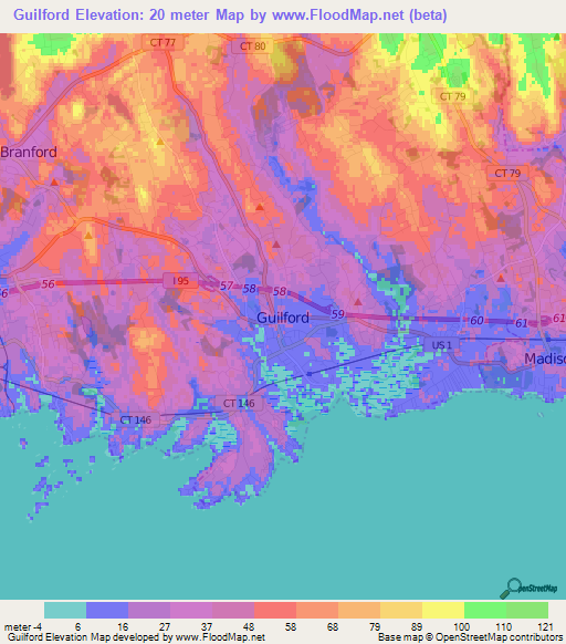 Guilford,US Elevation Map