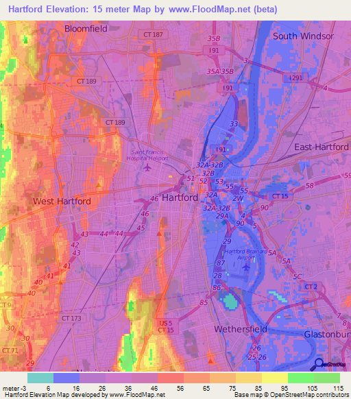 Hartford,US Elevation Map