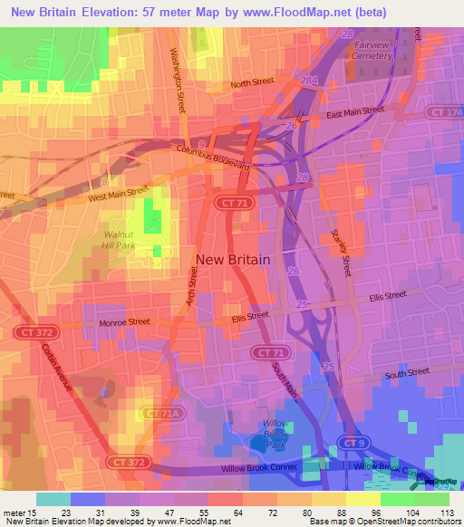 New Britain,US Elevation Map