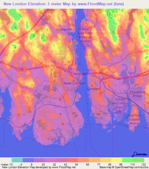 New London,US Elevation Map