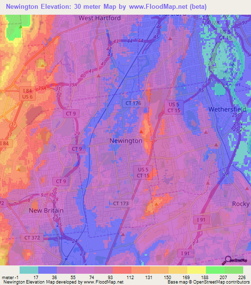 Newington,US Elevation Map