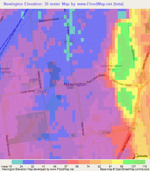 Newington,US Elevation Map