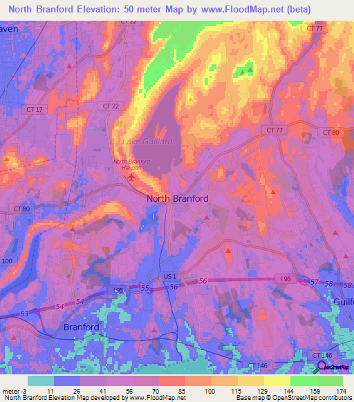 North Branford,US Elevation Map