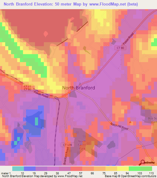 North Branford,US Elevation Map