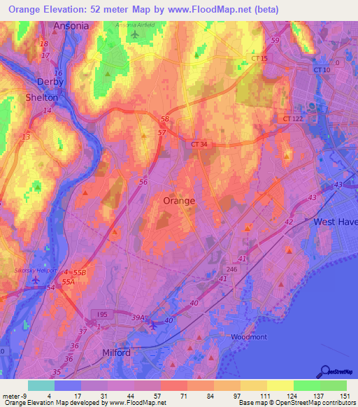 Orange,US Elevation Map