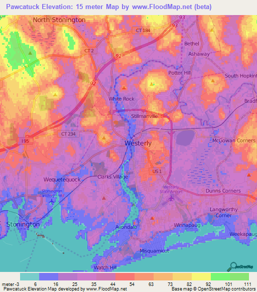 Pawcatuck,US Elevation Map