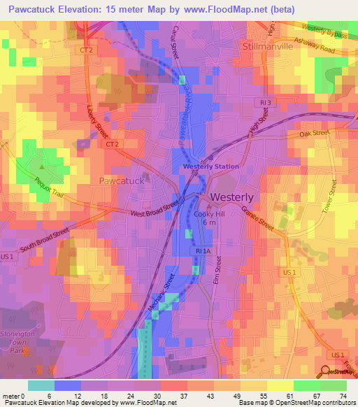 Pawcatuck,US Elevation Map