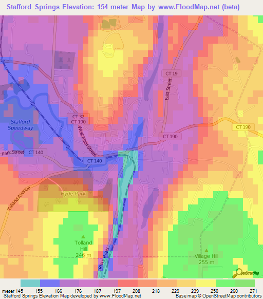 Stafford Springs,US Elevation Map