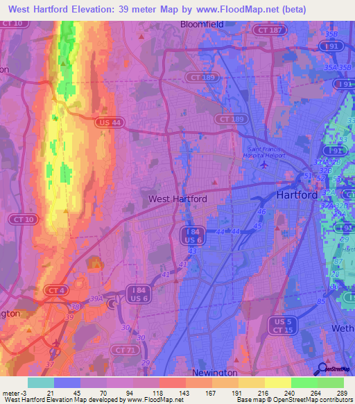 West Hartford,US Elevation Map