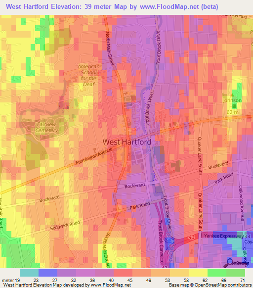 West Hartford,US Elevation Map