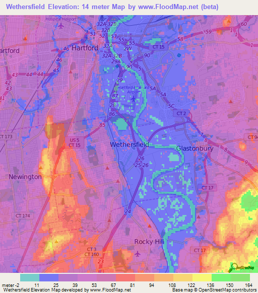 Wethersfield,US Elevation Map