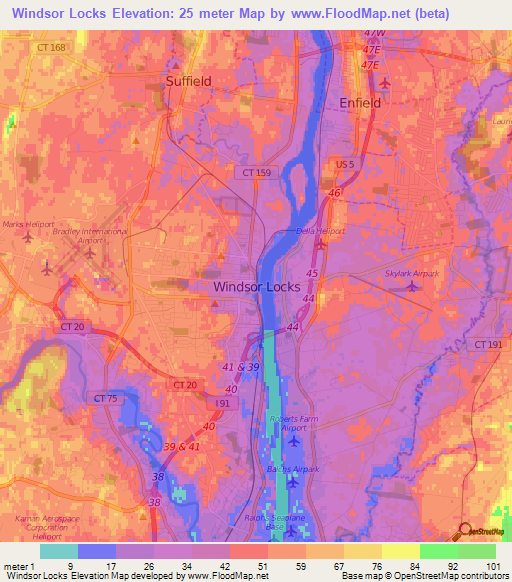 Windsor Locks,US Elevation Map