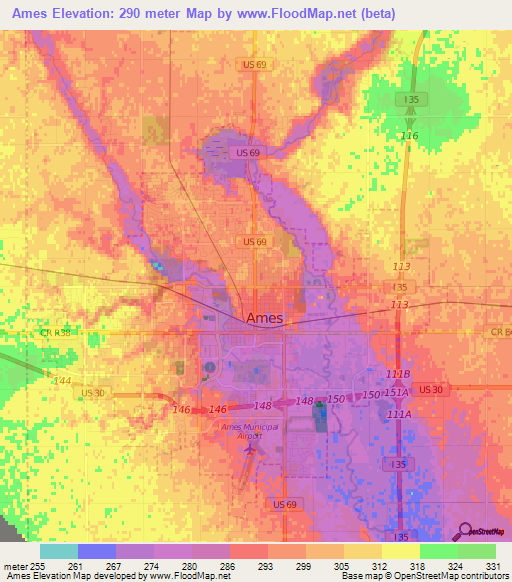 Ames,US Elevation Map