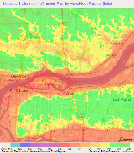 Bettendorf,US Elevation Map