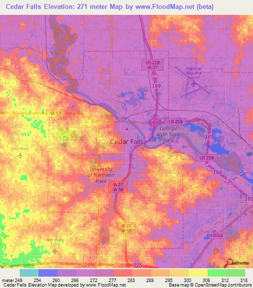 Cedar Falls,US Elevation Map