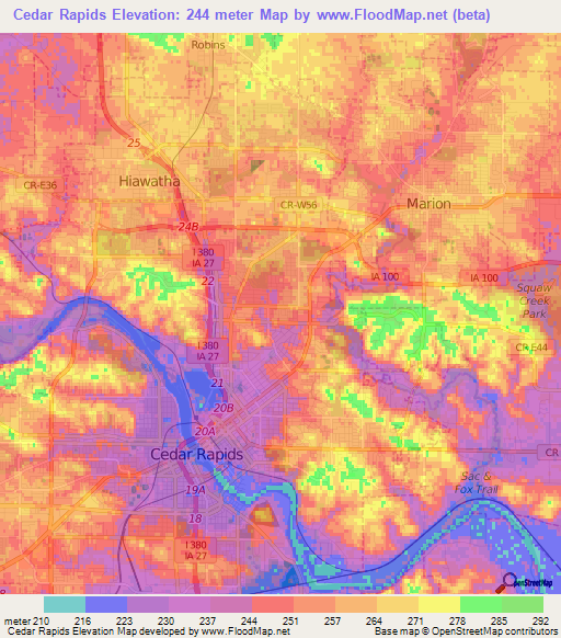 Cedar Rapids,US Elevation Map