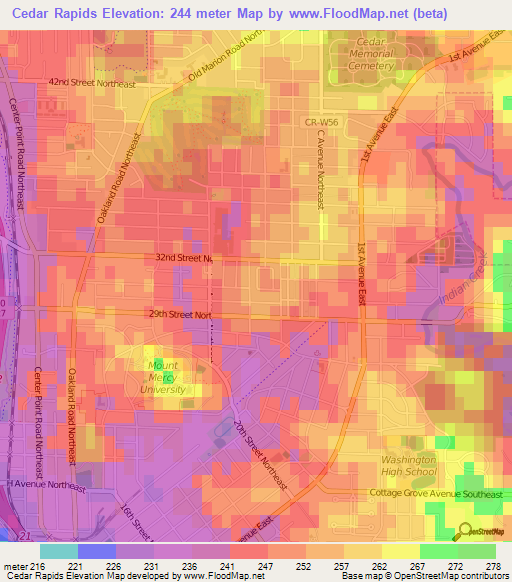 Cedar Rapids,US Elevation Map