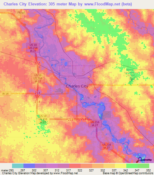 Charles City,US Elevation Map