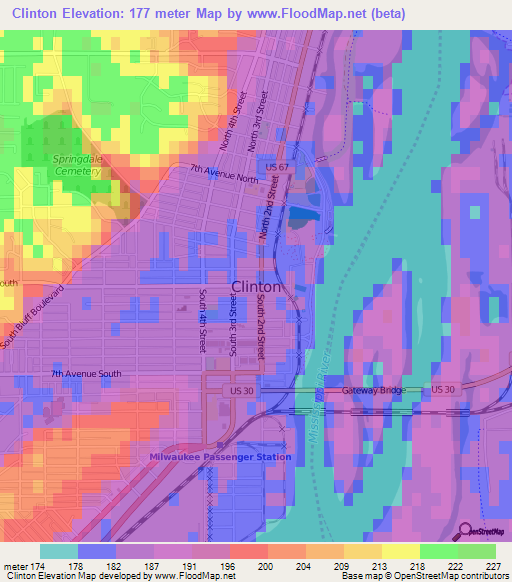 Clinton,US Elevation Map