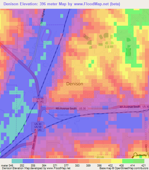 Denison,US Elevation Map