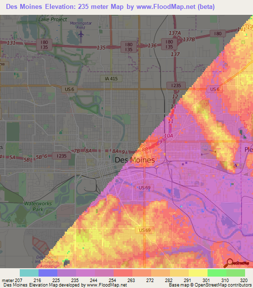 Des Moines,US Elevation Map