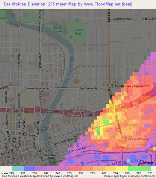 Des Moines,US Elevation Map