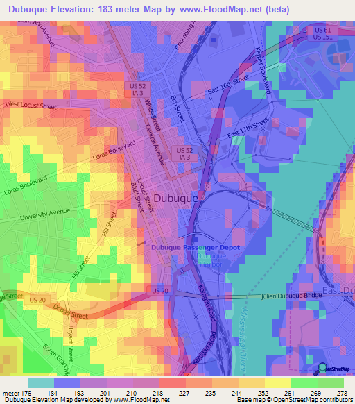 Dubuque,US Elevation Map