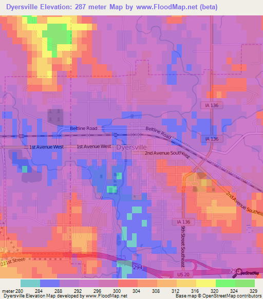 Dyersville,US Elevation Map