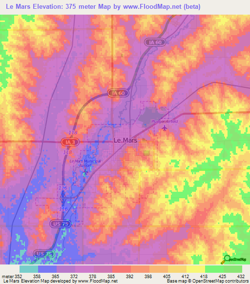 Le Mars,US Elevation Map