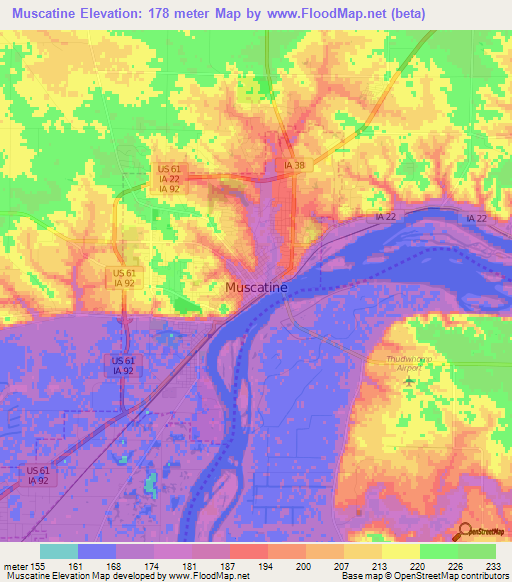 Muscatine,US Elevation Map