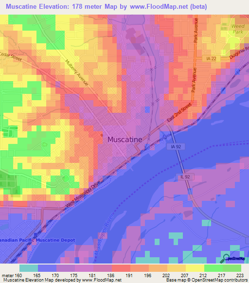 Muscatine,US Elevation Map