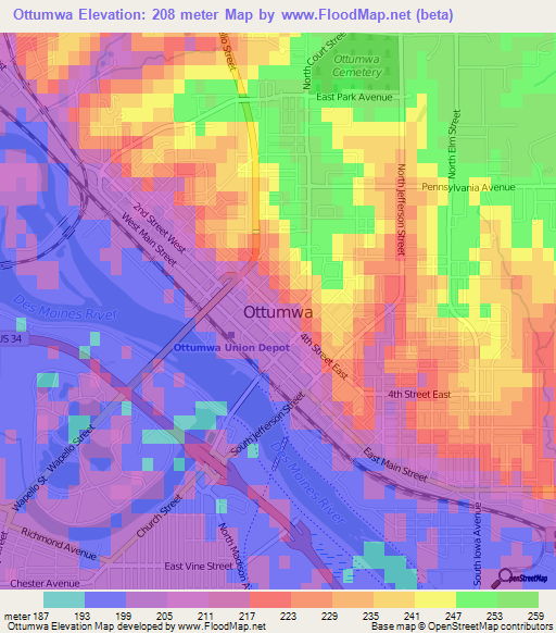 Ottumwa,US Elevation Map