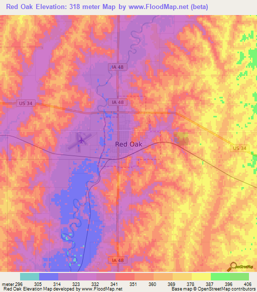 Red Oak,US Elevation Map