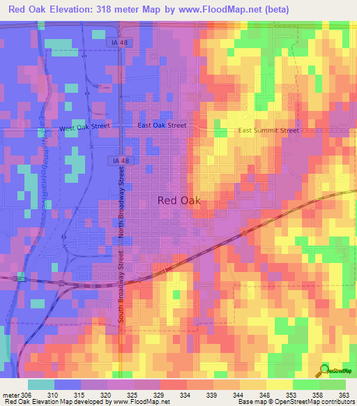 Red Oak,US Elevation Map