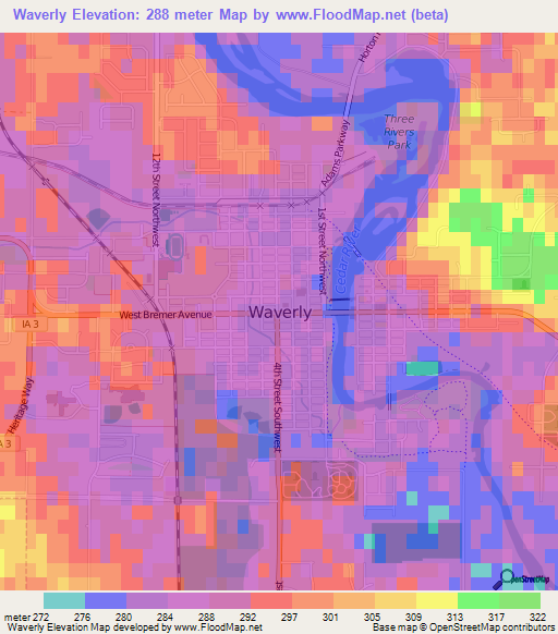 Waverly,US Elevation Map