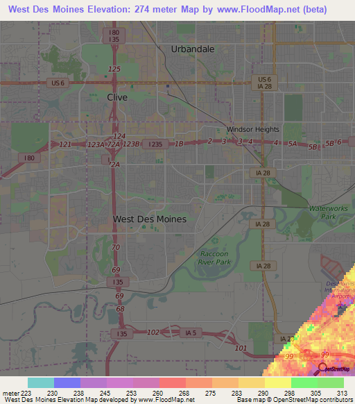 West Des Moines,US Elevation Map