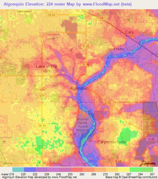 Algonquin,US Elevation Map