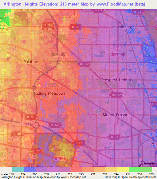 Arlington Heights,US Elevation Map