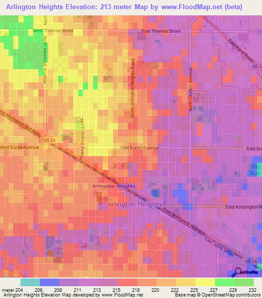 Arlington Heights,US Elevation Map